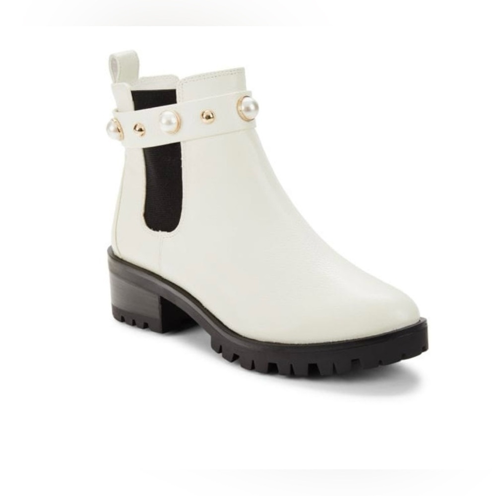 Karl Lagerfeld Paris Pola Faux Pearl Studded Chelsea Boots in White Size 9 New